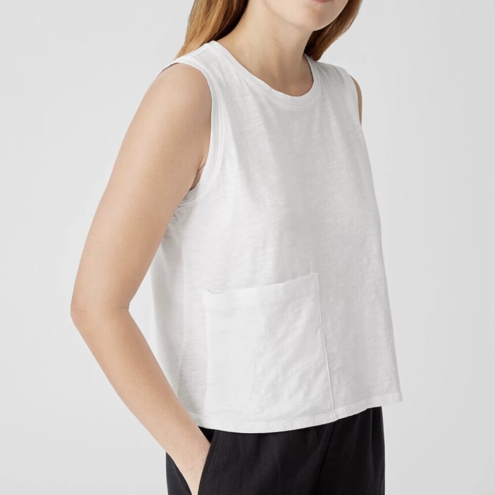 Eileen Fisher White Organic Cotton Big Pocket Slub Crew Neck Tank